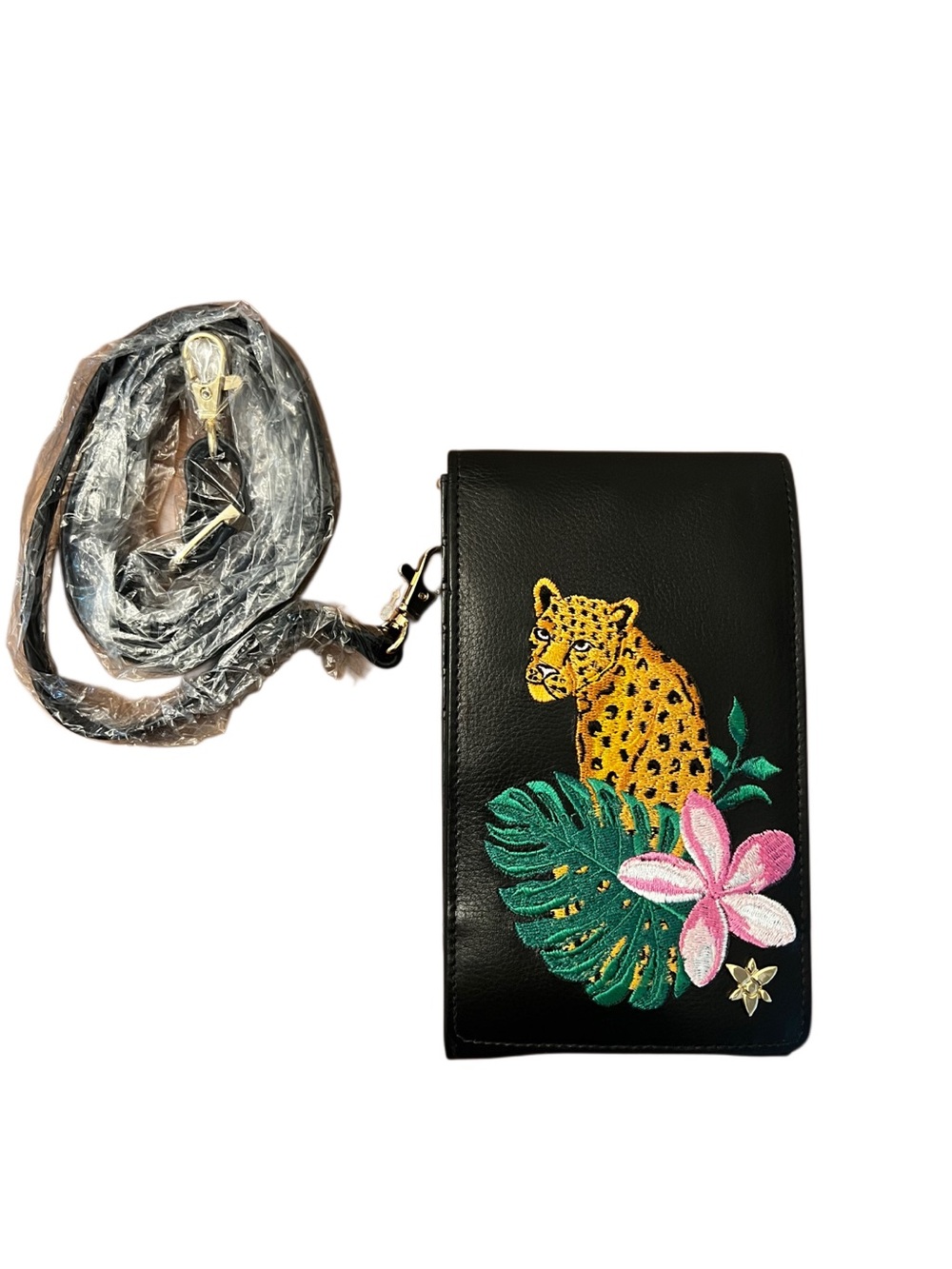 Anuschka Embroidered Leather Smart Phone Crossbody Bag-Black Leopard-NEW